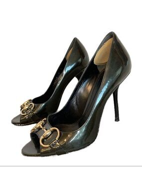 Gucci glitter patent open peep toe horsebit heels Sz 6